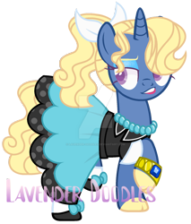 Size: 1280x1501 | Tagged: safe, artist:lavender-doodles, imported from derpibooru, oc, oc only, oc:azure/sapphire, pony, unicorn, clothes, crossdressing, femboy, jewelry, makeup, male, pony oc, ponysona, poodle skirt, simple background, skirt, solo, transparent background, wig