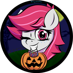 Size: 4160x4160 | Tagged: safe, artist:sugardotxtra, imported from derpibooru, oc, oc only, oc:sugar dot, candy, commission, food, halloween, holiday, looking at you, one eye closed, pumpkin, wink, winking at you, ych result