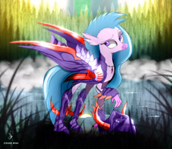 Size: 1768x1531 | Tagged: safe, alternate version, artist:zidanemina, imported from derpibooru, silverstream, hippogriff, armor, crossover, forest, lake, looking sideways, mount aris, saint seiya, smiling, solo