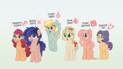 Size: 1280x721 | Tagged: safe, artist:sparkystarlight, imported from derpibooru, oc, oc only, oc:crispin apple, oc:diamond tart, oc:nebula sentry, oc:raspberry custard, oc:snow sweet, oc:tender mcintosh, earth pony, pegasus, pony, unicorn, blind, earth pony oc, eye clipping through hair, female, freckles, gradient background, half-siblings, horn, magical lesbian spawn, mare, next generation, offspring, parent:applejack, parent:big macintosh, parent:cheese sandwich, parent:flash sentry, parent:fluttershy, parent:pinkie pie, parent:rainbow dash, parent:rarity, parent:twilight sparkle, parents:appledash, parents:cheesepie, parents:flashlight, parents:fluttermac, parents:rarijack, pegasus oc, unicorn oc