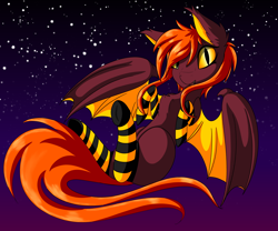 Size: 6000x5000 | Tagged: safe, artist:lostmystery, imported from derpibooru, oc, bat pony, pony, bat ears, bat eyes, bat pony oc, bat wings, clothes, ear fluff, flying, halloween, holiday, night, orange hair, pony oc, slit pupils, socks, solo, striped socks, striped stockings, wings