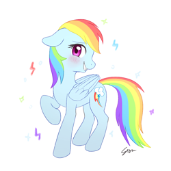 Size: 850x850 | Tagged: safe, artist:sion, imported from derpibooru, rainbow dash, pegasus, pony, blushing, cute, dashabetes, female, floppy ears, lightning, mare, ponytober, simple background, smiling, solo, white background