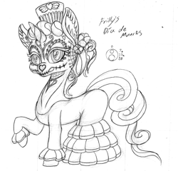 Size: 1200x1154 | Tagged: safe, artist:sepiakeys, imported from derpibooru, oc, oc only, oc:frilly heart, pony, unicorn, dia de los muertos, face paint, makeup, monochrome, sketch, solo