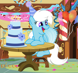 Size: 1300x1224 | Tagged: safe, artist:feather_bloom, imported from derpibooru, oc, oc only, oc:feather_bloom, pegasus, pony, birthday, birthday cake, cake, candle, cute, female, food, happy, mare, show accurate, sitting, smiling, solo, stool, sugarcube corner, table, weapons-grade cute, wings flapping