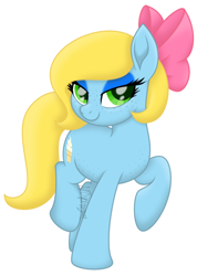 Size: 512x651 | Tagged: safe, artist:feather_bloom, imported from derpibooru, oc, oc only, oc:sugar sweet, earth pony, pony, bow, bowtie, cute, earth pony oc, eyelashes, female, hair bow, lidded eyes, looking at you, mare, raised hoof, shading, simple background, smiling, smiling at you, smirk, solo, standing on two hooves, white background, yellow hair