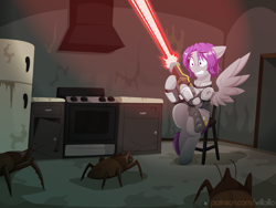 Size: 1600x1200 | Tagged: safe, artist:willoillo, imported from derpibooru, oc, oc only, oc:morning glory (project horizons), cockroach, insect, pegasus, pony, radroach, fallout equestria, fallout equestria: project horizons, commission, fallout, fanfic art, pegasus oc