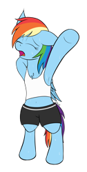 Size: 1271x2518 | Tagged: safe, artist:wapamario63, imported from ponybooru, rainbow dash, pegasus, pony, belly button, bipedal, chest fluff, clothes, colored, ears, eyes closed, female, flat colors, floppy ears, mare, pants, simple background, solo, stretching, sweat, tanktop, transparent background, wings