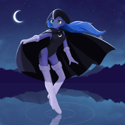 Size: 1250x1250 | Tagged: safe, artist:howxu, imported from derpibooru, princess luna, equestria girls, blushing, boots, cloak, clothes, commission, cosplay, costume, cutie mark, cutie mark on equestria girl, flowing hair, gloves, hood, leotard, moon, night, shoes, socks, stars, thigh highs, walking on water