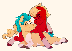 Size: 640x453 | Tagged: safe, artist:lockandkeyhyena, imported from derpibooru, hitch trailblazer, sprout cloverleaf, earth pony, pony, boop, cuddling, cute, g5, gay, hitchsprout, male, my little pony: a new generation, noseboop, shipping