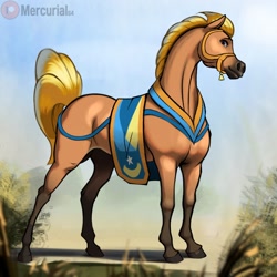 Size: 1530x1530 | Tagged: safe, artist:mercurial64, haakim, saddle arabian, explicit source, hoers, male, smiling, solo, stallion, tack