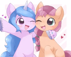 Size: 1898x1534 | Tagged: safe, artist:arrow__root, imported from derpibooru, izzy moonbow, sunny starscout, earth pony, pony, unicorn, blushing, bracelet, cute, female, g5, heart, heart eyes, hug, izzybetes, izzyscout, jewelry, lesbian, mare, my little pony: a new generation, one eye closed, open mouth, open smile, shipping, simple background, smiling, sunnybetes, unshorn fetlocks, white background, wingding eyes