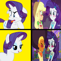 Size: 1300x1300 | Tagged: safe, edit, imported from derpibooru, screencap, applejack, rarity, saffron masala, equestria girls, equestria girls series, rollercoaster of friendship, afro, approval, disapproval, female, lesbian, raffron, rarijack, shipping, tasty treats