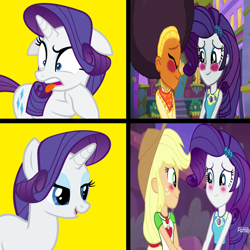 Size: 1300x1300 | Tagged: safe, edit, imported from derpibooru, applejack, rarity, saffron masala, equestria girls, approval, disapproval, female, lesbian, meme, raffron, rarijack, shipping