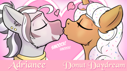 Size: 1600x900 | Tagged: safe, artist:cocaine, imported from derpibooru, oc, oc:adrianee, oc:donut daydream, food pony, original species, pony, unicorn, zebra, food, gold, in love, kissing, neck rings, piercing, ponified, smooch, zebra oc