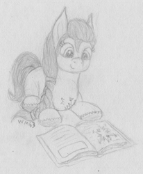 Size: 1696x2056 | Tagged: safe, artist:wapamario63, imported from ponybooru, sunny starscout, earth pony, pony, chest fluff, cute, female, friendship journal, g5, lying down, mare, monochrome, reading, sketch, solo, traditional art, unshorn fetlocks