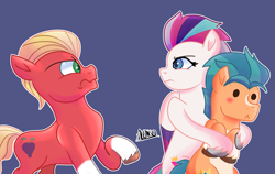 Size: 1742x1100 | Tagged: safe, artist:alonso-bazan, imported from derpibooru, hitch trailblazer, sprout cloverleaf, zipp storm, earth pony, pegasus, blushing, female, g5, hitchzipp, male, mare, my little pony: a new generation, shipping, simple background, straight