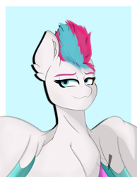 Size: 1750x2250 | Tagged: safe, artist:diamondgreenanimat0, imported from derpibooru, zipp storm, pegasus, 2021, blue eyes, g5, light blue background, light blue hair, looking at you, my little pony: a new generation, red hair, seductive look, simple background, white background, wings