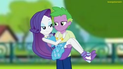 Size: 3640x2048 | Tagged: safe, artist:georgegarza01, imported from derpibooru, rarity, spike, equestria girls, bedroom eyes, bridal carry, carrying, clothes, duo, female, high res, human spike, lidded eyes, looking at each other, love, male, rarity peplum dress, shipping, show accurate, sparity, straight