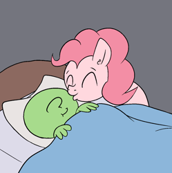 Size: 1000x1005 | Tagged: safe, artist:happy harvey, imported from derpibooru, pinkie pie, oc, oc:anon, earth pony, human, pony, bed, blanket, comfy, cute, drawthread, ear fluff, eyes closed, female, goodnight kiss, in bed, kissing, lying down, male, phone drawing, pillow