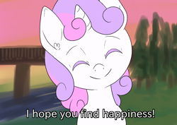 Size: 1414x1000 | Tagged: safe, artist:happy harvey, imported from derpibooru, sweetie belle, pony, unicorn, bridge, cute, dialogue, ear fluff, eyes closed, female, filly, looking at you, phone drawing, ponified, river, smiling, smiling at you, solo, sunset, tree