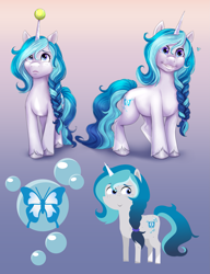 Size: 2581x3354 | Tagged: safe, artist:askbubblelee, imported from derpibooru, oc, oc only, oc:bubble lee, pony, unicorn, ball, digital art, female, freckles, frown, g5, gradient background, grin, high res, horn, mare, my little pony: a new generation, not izzy moonbow, pointy ponies, smiling, solo, style emulation, tennis ball, unicorn oc