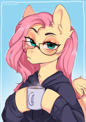 Size: 2894x4093 | Tagged: safe, artist:yukomaussi, imported from derpibooru, fluttershy, pegasus, pony, blue background, chocolate, clothes, female, fluttershy is not amused, food, glasses, hoodie, hot chocolate, mare, mug, redraw, simple background, solo, unamused, warm