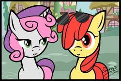 Size: 1500x1000 | Tagged: safe, artist:sugarelement, imported from derpibooru, apple bloom, sweetie belle, earth pony, pony, unicorn, duo, female, filly, glasses