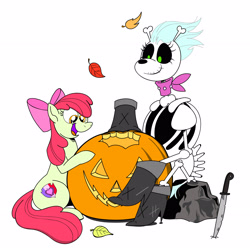 Size: 3472x3472 | Tagged: safe, artist:princebluemoon3, imported from derpibooru, apple bloom, skellinore, earth pony, pony, skeleton pony, the break up breakdown, bone, female, filly, halloween, high res, holiday, knife, pumpkin, skeleton