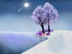 Size: 4032x3024 | Tagged: safe, artist:starsilk, imported from derpibooru, oc, oc only, oc:star silk, pegasus, pony, female, high res, ice, lying down, mare, moon, pastel, pegasus oc, pink, prone, purple, reflection, saudade, scenery, shooting star, snow, solo, swirl hair, thinking, tree, water, yellow