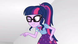 Size: 3410x1920 | Tagged: safe, imported from derpibooru, screencap, sci-twi, twilight sparkle, equestria girls, equestria girls series, rollercoaster of friendship, bowtie, clothes, cute, cutie mark, cutie mark on clothes, female, geode of telekinesis, glasses, high res, jewelry, magical geodes, necklace, one eye closed, ponytail, smiling, solo, twiabetes, wink