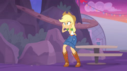 Size: 3410x1920 | Tagged: safe, imported from derpibooru, screencap, applejack, equestria girls, equestria girls series, rollercoaster of friendship, applejack's hat, belt, boots, clothes, cowboy boots, cowboy hat, cutie mark, cutie mark on clothes, denim skirt, female, geode of super strength, hat, high res, jewelry, magical geodes, necklace, shoes, skirt, solo