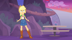 Size: 3410x1920 | Tagged: safe, imported from derpibooru, screencap, applejack, equestria girls, equestria girls series, rollercoaster of friendship, applejack's hat, belt, boots, clothes, cowboy boots, cowboy hat, cutie mark, cutie mark on clothes, denim skirt, female, geode of super strength, hat, high res, jewelry, magical geodes, necklace, shoes, skirt, solo