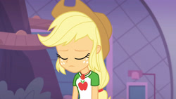 Size: 3410x1920 | Tagged: safe, imported from derpibooru, screencap, applejack, equestria girls, equestria girls series, rollercoaster of friendship, applejack's hat, clothes, cowboy hat, cutie mark, cutie mark on clothes, eyes closed, female, geode of super strength, hat, high res, jewelry, magical geodes, necklace, solo