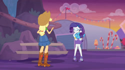 Size: 3410x1920 | Tagged: safe, imported from derpibooru, screencap, applejack, rarity, equestria girls, equestria girls series, rollercoaster of friendship, applejack's hat, belt, boots, bracelet, clothes, cowboy boots, cowboy hat, denim skirt, eyes closed, female, geode of shielding, hairpin, hat, high heels, high res, jewelry, magical geodes, rarity peplum dress, shoes, skirt