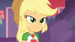 Size: 3410x1920 | Tagged: safe, imported from derpibooru, screencap, applejack, equestria girls, equestria girls series, rollercoaster of friendship, applejack's hat, clothes, cowboy hat, cutie mark, cutie mark on clothes, female, geode of super strength, hat, high res, jewelry, magical geodes, necklace, smiling, solo