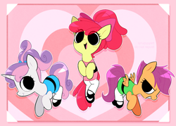 Size: 2423x1739 | Tagged: safe, artist:syrupyyy, imported from derpibooru, apple bloom, scootaloo, sweetie belle, earth pony, pegasus, pony, unicorn, black outlines, blossom (powerpuff girls), bubbles (powerpuff girls), buttercup (powerpuff girls), clothes, cosplay, costume, crossover, cutie mark crusaders, double outline, ponytober, the powerpuff girls, white outline