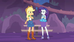 Size: 3410x1920 | Tagged: safe, imported from derpibooru, screencap, applejack, rarity, equestria girls, equestria girls series, rollercoaster of friendship, applejack's hat, belt, boots, bracelet, clothes, cowboy boots, cowboy hat, cutie mark, cutie mark on clothes, denim skirt, female, hairpin, hat, high heels, high res, jewelry, necklace, rarity peplum dress, shoes, skirt