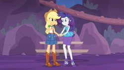 Size: 3410x1920 | Tagged: safe, imported from derpibooru, screencap, applejack, rarity, equestria girls, equestria girls series, rollercoaster of friendship, applejack's hat, belt, boots, bracelet, clothes, cowboy boots, cowboy hat, cutie mark, cutie mark on clothes, denim skirt, female, geode of shielding, geode of super strength, hairpin, hat, high heels, high res, holding hands, jewelry, magical geodes, necklace, rarity peplum dress, shoes, skirt, smiling