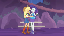 Size: 3410x1920 | Tagged: safe, imported from derpibooru, screencap, applejack, rarity, equestria girls, equestria girls series, rollercoaster of friendship, applejack's hat, belt, blushing, boots, bracelet, clothes, cowboy boots, cowboy hat, denim skirt, eyes closed, female, geode of shielding, geode of super strength, hairpin, hat, high heels, high res, jewelry, magical geodes, necklace, open mouth, rarity peplum dress, shoes, skirt, smiling