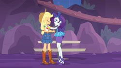Size: 3410x1920 | Tagged: safe, imported from derpibooru, screencap, applejack, rarity, equestria girls, equestria girls series, rollercoaster of friendship, applejack's hat, belt, blushing, boots, bracelet, clothes, cowboy boots, cowboy hat, denim skirt, eyes closed, female, geode of super strength, hairpin, hat, high heels, high res, jewelry, magical geodes, necklace, open mouth, rarity peplum dress, shoes, skirt, smiling