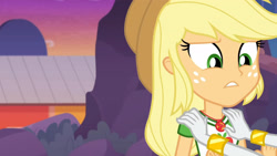 Size: 3410x1920 | Tagged: safe, imported from derpibooru, screencap, applejack, rarity, equestria girls, equestria girls series, rollercoaster of friendship, applejack's hat, bracelet, clothes, cowboy hat, cutie mark, cutie mark on clothes, female, geode of super strength, hat, high res, jewelry, magical geodes, necklace, offscreen character, solo focus