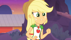 Size: 3410x1920 | Tagged: safe, imported from derpibooru, screencap, applejack, equestria girls, equestria girls series, rollercoaster of friendship, applejack's hat, belt, clothes, cowboy hat, cutie mark, cutie mark on clothes, denim skirt, female, geode of super strength, hat, high res, jewelry, magical geodes, necklace, skirt, solo