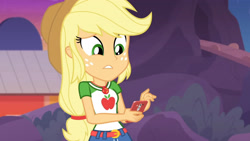 Size: 3410x1920 | Tagged: safe, imported from derpibooru, screencap, applejack, equestria girls, equestria girls series, rollercoaster of friendship, applejack's hat, belt, cellphone, clothes, cowboy hat, cutie mark, cutie mark on clothes, denim skirt, female, geode of super strength, hat, high res, jewelry, magical geodes, necklace, phone, skirt, smartphone, solo
