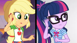 Size: 3410x1920 | Tagged: safe, imported from derpibooru, screencap, applejack, sci-twi, twilight sparkle, equestria girls, equestria girls series, rollercoaster of friendship, applejack's hat, belt, bowtie, cellphone, clothes, cowboy hat, cutie mark, cutie mark on clothes, denim skirt, female, geode of super strength, geode of telekinesis, glasses, hat, high res, jewelry, magical geodes, necklace, open mouth, phone, ponytail, skirt, smartphone