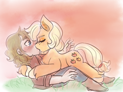 Size: 2129x1604 | Tagged: safe, artist:mimiporcellini, imported from derpibooru, applejack, earth pony, human, blushing, colored sketch, crossover, crossover shipping, eyes closed, female, hol horse, holjack, interspecies, jojo's bizarre adventure, kiss on the lips, kissing, male, shipping, straight