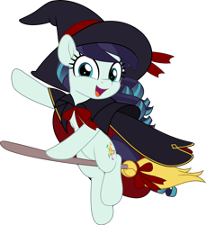 Size: 4585x5000 | Tagged: safe, artist:jhayarr23, imported from derpibooru, coloratura, earth pony, pony, broom, cape, clothes, commission, cute, female, flying, flying broomstick, hat, looking at you, mare, ribbon, simple background, solo, transparent background, witch costume, witch hat, ych result