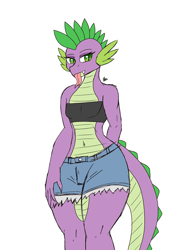 Size: 1400x1900 | Tagged: safe, artist:zachc, imported from derpibooru, spike, anthro, dragon, :p, belly button, clothes, crossdressing, denim shorts, fangs, femboy, femboy spike, looking at you, male, shorts, signature, simple background, solo, tongue out, trap, tube top, white background, wide hips