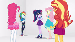 Size: 3410x1920 | Tagged: safe, imported from derpibooru, screencap, fluttershy, pinkie pie, rainbow dash, sci-twi, sunset shimmer, twilight sparkle, equestria girls, equestria girls series, rollercoaster of friendship, bowtie, cellphone, clothes, converse, crossed arms, cutie mark, cutie mark on clothes, female, geode of fauna, geode of super speed, geode of telekinesis, glasses, hairpin, hand on hip, high res, hoodie, jacket, jewelry, leather, leather jacket, magical geodes, necklace, phone, ponytail, rah rah skirt, sandals, shoes, skirt, smartphone, sneakers, tanktop