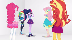 Size: 3410x1920 | Tagged: safe, imported from derpibooru, screencap, fluttershy, pinkie pie, rainbow dash, sci-twi, twilight sparkle, equestria girls, equestria girls series, rollercoaster of friendship, bowtie, cellphone, clothes, converse, crossed arms, cutie mark, cutie mark on clothes, eyes closed, female, geode of fauna, geode of super speed, geode of telekinesis, glasses, hairpin, hand on hip, high res, hoodie, jacket, jewelry, leather, leather jacket, magical geodes, necklace, phone, ponytail, rah rah skirt, sandals, shoes, skirt, smartphone, smiling, sneakers, tanktop