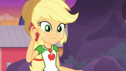 Size: 3410x1920 | Tagged: safe, imported from derpibooru, screencap, applejack, equestria girls, equestria girls series, rollercoaster of friendship, applejack's hat, cellphone, clothes, cowboy hat, cutie mark, cutie mark on clothes, female, geode of super strength, hat, high res, jewelry, magical geodes, necklace, phone, smartphone, solo
